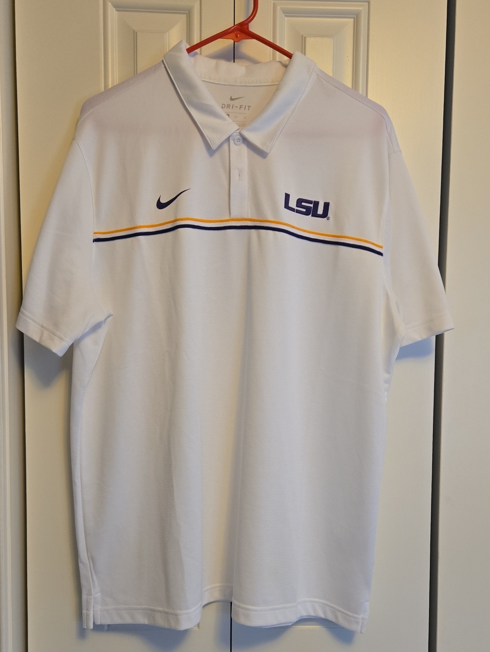 Nike White LSU Polo with Purple and Gold Stripe